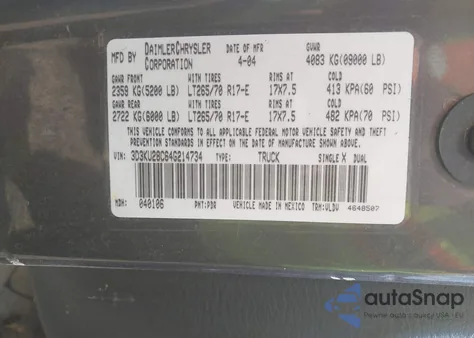 2004 Dodge Ram 2500 Slt/Laramie from USA, damaged, VIN 3D3KU28C64G214734